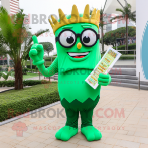 Green French Fries mascot costume character dressed with a Trousers and Reading glasses