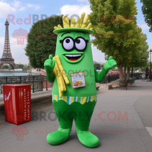 Green French Fries mascot costume character dressed with a Trousers and Reading glasses