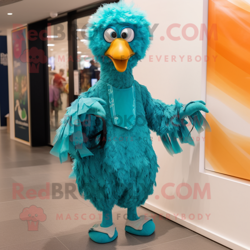 Turquoise Ostrich mascot costume character dressed with a Dress Pants and Wraps