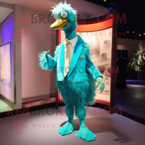 Turquoise Ostrich mascot costume character dressed with a Dress Pants and Wraps
