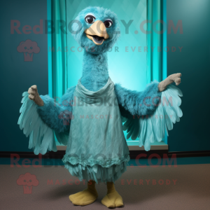 Turquoise Ostrich mascot costume character dressed with a Dress Pants and Wraps