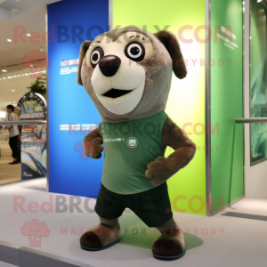 Olive Seal mascot costume character dressed with a Running Shorts and Watches