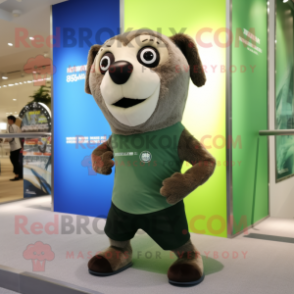 Olive Seal mascot costume character dressed with a Running Shorts and Watches