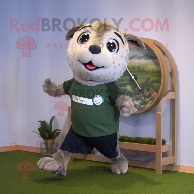 Olive Seal mascot costume character dressed with a Running Shorts and Watches