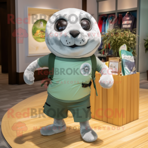 Olive Seal mascot costume character dressed with a Running Shorts and Watches