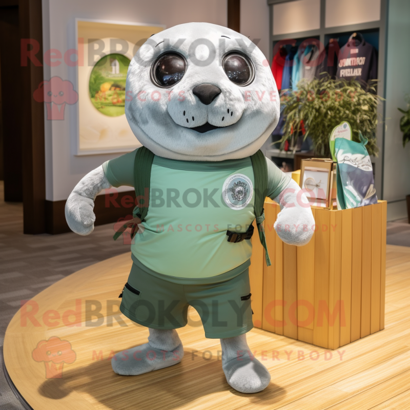 Olive Seal mascot costume character dressed with a Running Shorts and Watches