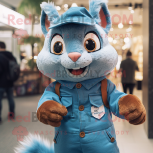 Blue Squirrel mascot costume character dressed with a Dungarees and Lapel pins