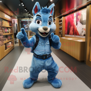 Blue Squirrel mascot costume character dressed with a Dungarees and Lapel pins