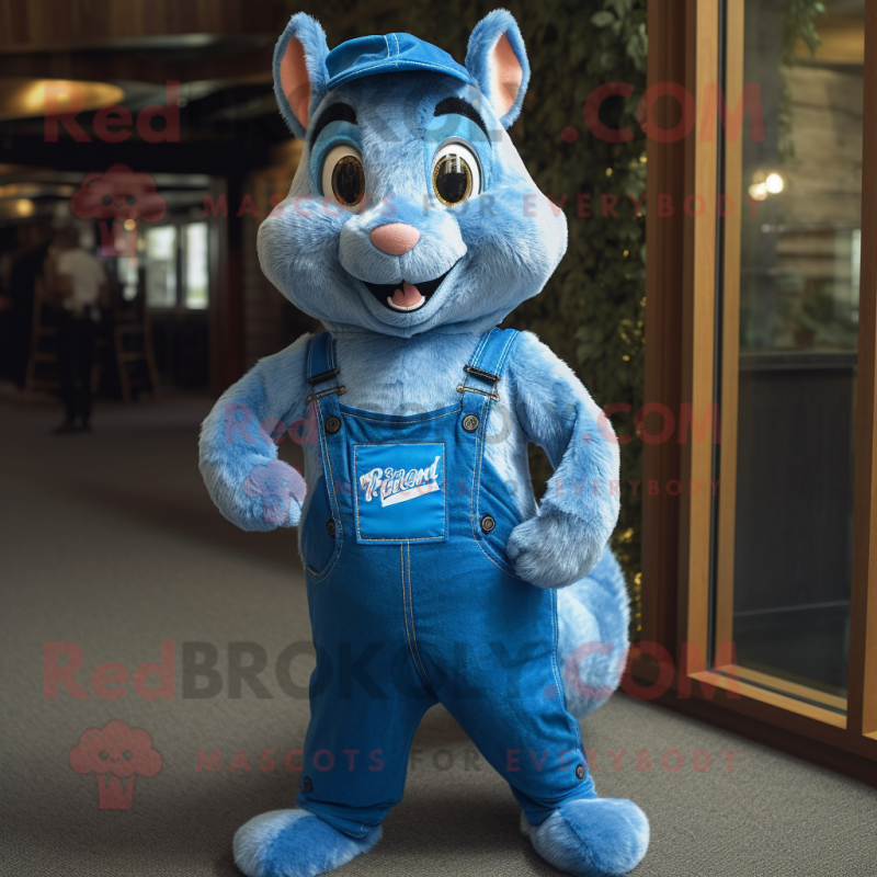 Blue Squirrel mascot costume character dressed with a Dungarees and Lapel pins