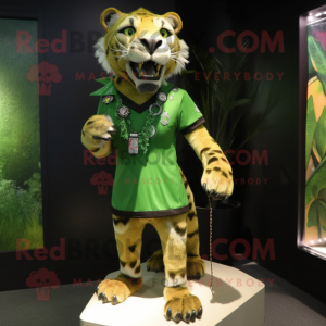 Green Saber-Toothed Tiger mascot costume character dressed with a Mini Dress and Tie pins