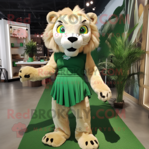 Green Saber-Toothed Tiger mascot costume character dressed with a Mini Dress and Tie pins