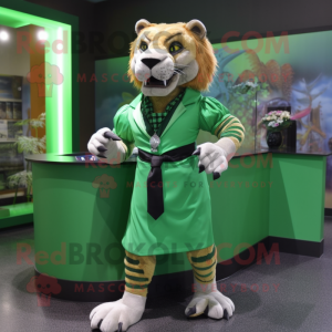 Green Saber-Toothed Tiger mascot costume character dressed with a Mini Dress and Tie pins