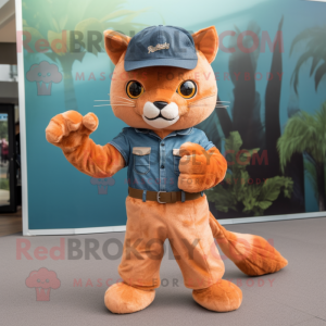 Peach Jaguarundi mascot costume character dressed with a Flare Jeans and Berets