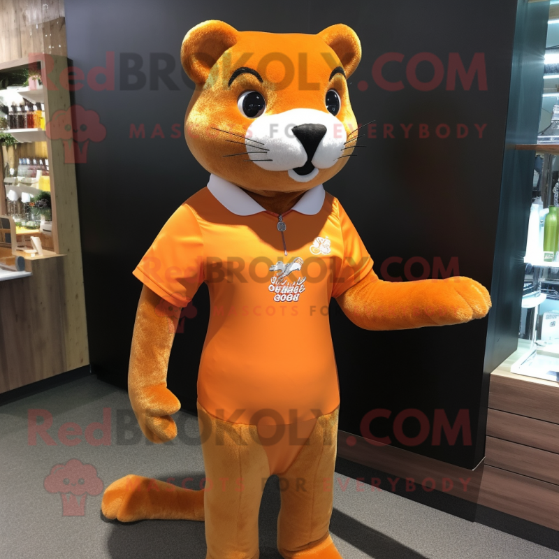 Orange Jaguarundi mascot costume character dressed with a One-Piece Swimsuit and Lapel pins Orange Jaguarundi mascot costume character dressed with a One-Piece Swimsuit and Lapel pins