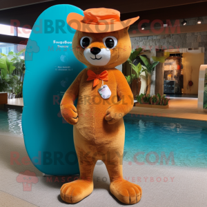 Orange Jaguarundi mascot costume character dressed with a One-Piece Swimsuit and Lapel pins