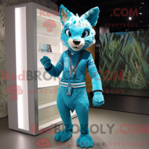 Maskotkarakter af en cyan...