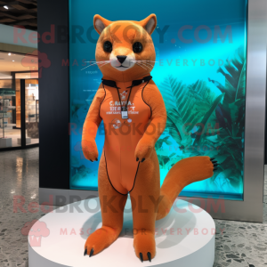 Orange Jaguarundi mascot costume character dressed with a One-Piece Swimsuit and Lapel pins