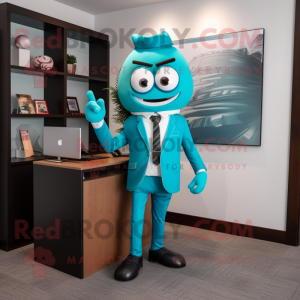 Turquoise Attorney mascot costume character dressed with a Suit Pants and Ties