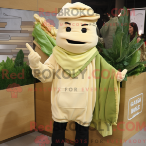 Maskottchenfigur eines beigen Caesar Salad mit Kapuzenpullover und Kummerbund - Caesar Salad-Maskottchen - RedBrokoly.com