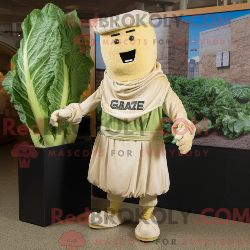 Maskottchenfigur eines beigen Caesar Salad mit Kapuzenpullover und Kummerbund - Caesar Salad-Maskottchen - RedBrokoly.com