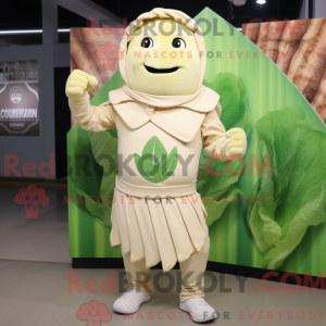 Maskottchenfigur eines beigen Caesar Salad mit Kapuzenpullover und Kummerbund - Caesar Salad-Maskottchen - RedBrokoly.com