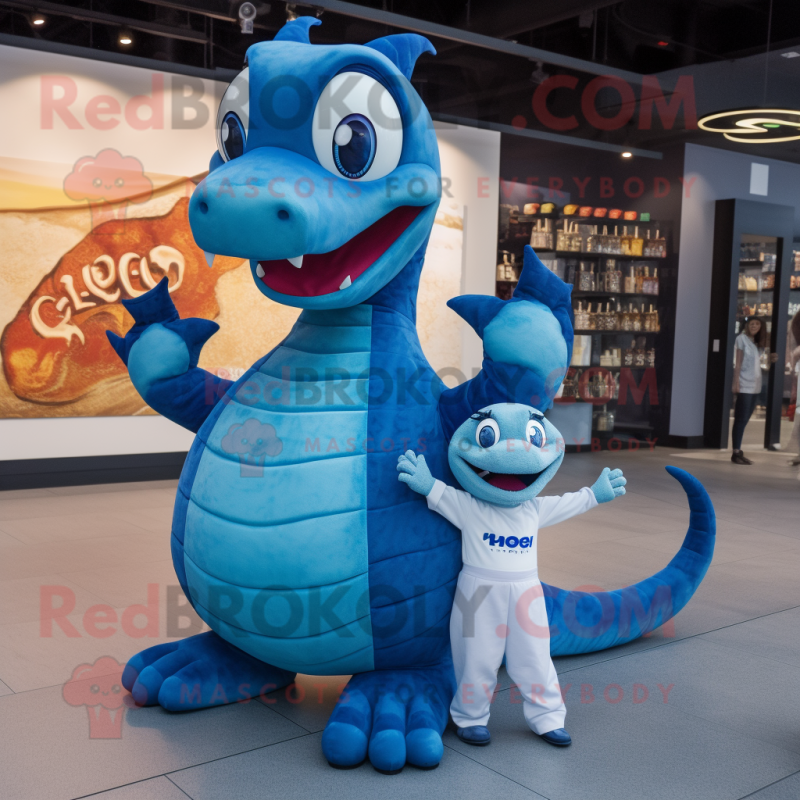 Blue Hydra mascot costume character dressed with a Mom Jeans and Necklaces