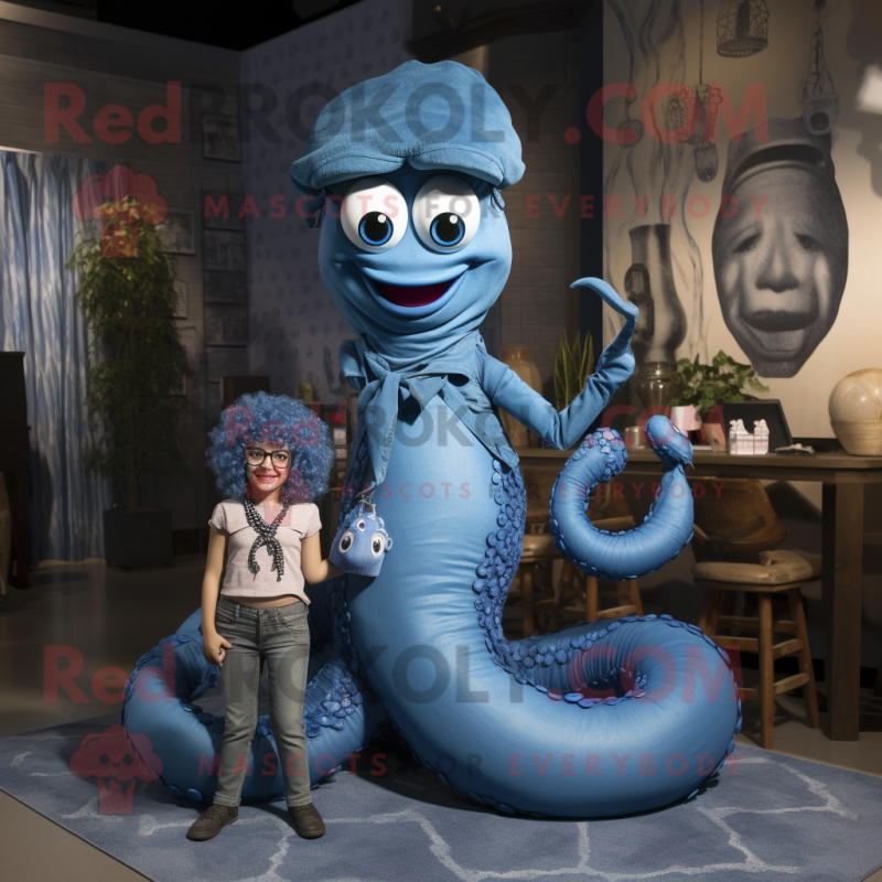 Blue Hydra mascot costume character dressed with a Mom Jeans and Necklaces Blue Hydra mascot costume character dressed with a Mom Jeans and Necklaces