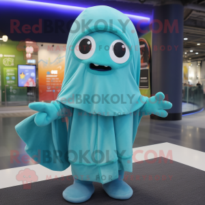 Cyan Pho mascot costume character dressed with a Hoodie and Shawls