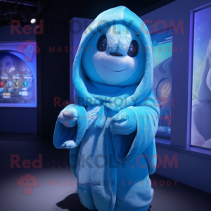 Cyan Pho mascot costume character dressed with a Hoodie and Shawls