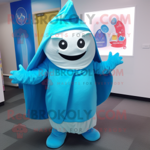 Cyan Pho mascot costume character dressed with a Hoodie and Shawls