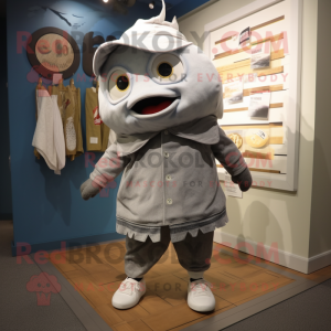 Silver Cod mascot costume character dressed with a Overalls and Shawl pins