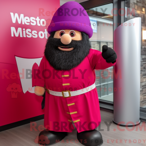 Maskotfigur av en magenta...