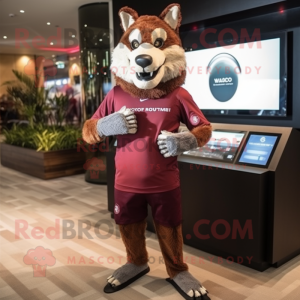 Maroon Thylacosmilus mascot costume character dressed with a Board Shorts and Digital watches