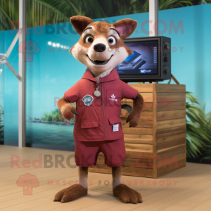 Maroon Thylacosmilus mascot costume character dressed with a Board Shorts and Digital watches