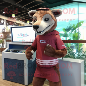 Maroon Thylacosmilus mascot costume character dressed with a Board Shorts and Digital watches