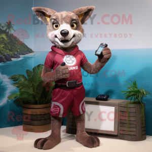 Maroon Thylacosmilus mascot costume character dressed with a Board Shorts and Digital watches