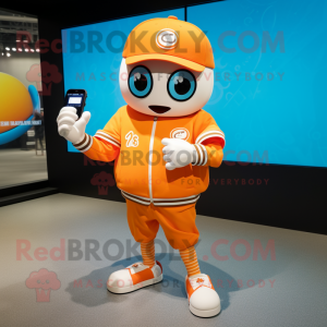 Orange Baseball Ball mascot costume character dressed with a Windbreaker and Smartwatches