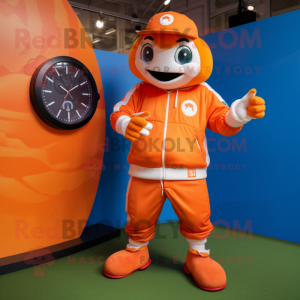Orange Baseball Ball mascot costume character dressed with a Windbreaker and Smartwatches