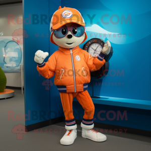 Orange Baseball Ball mascot costume character dressed with a Windbreaker and Smartwatches