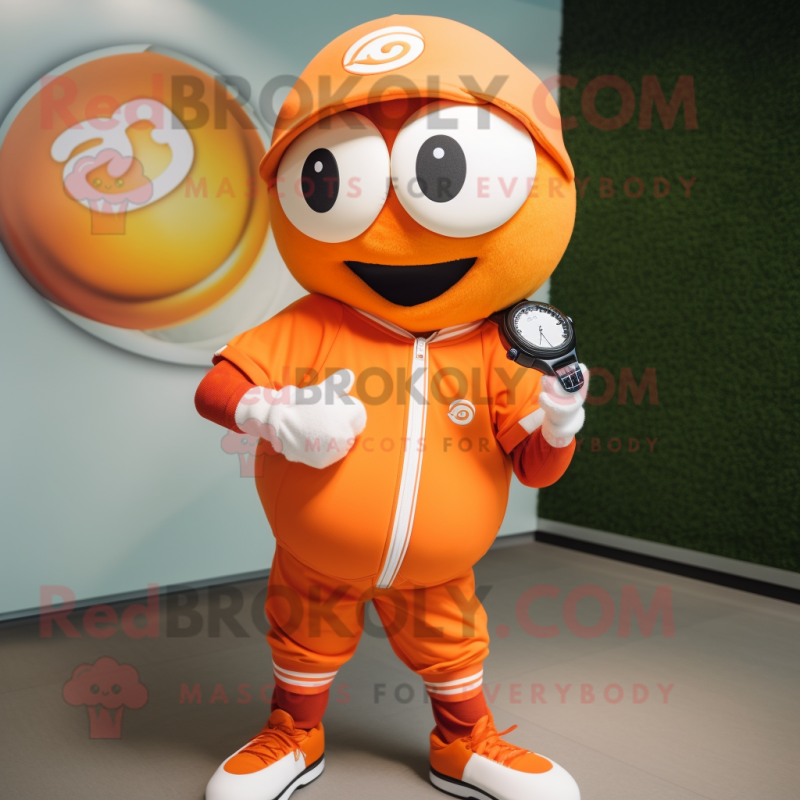 Orange Baseball Ball mascot costume character dressed with a Windbreaker and Smartwatches