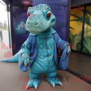 Maskotkarakter av en cyan...