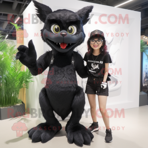 Black Chupacabra mascot costume character dressed with a Mini Skirt and Eyeglasses