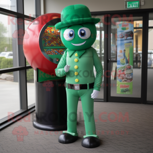 Green Gumball Machine mascot costume character dressed with a Jeggings and Hat pins