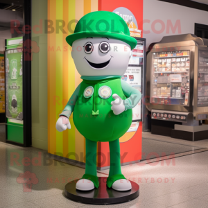 Green Gumball Machine mascot costume character dressed with a Jeggings and Hat pins