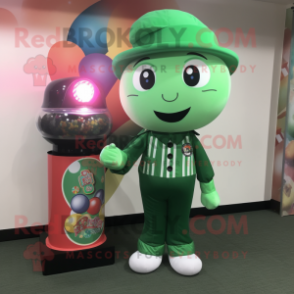 Green Gumball Machine mascot costume character dressed with a Jeggings and Hat pins