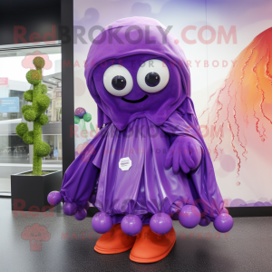 Purple Jellyfish mascot costume character dressed with a Raincoat and Scarves