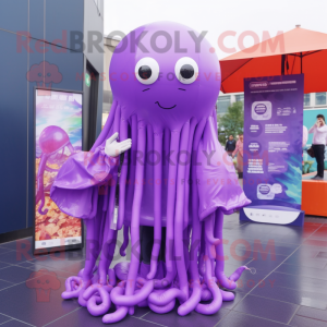 Purple Jellyfish mascot costume character dressed with a Raincoat and Scarves
