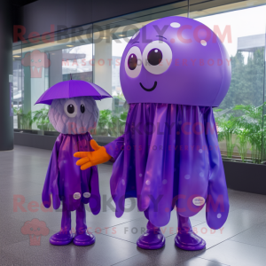 Purple Jellyfish mascot costume character dressed with a Raincoat and Scarves