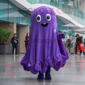 Purple Jellyfish mascot costume character dressed with a Raincoat and Scarves