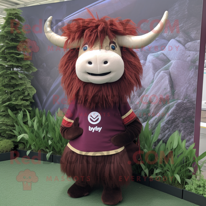 Maroon Yak mascot costume character dressed with a A-Line Skirt and Pocket squares Maroon Yak mascot costume character dressed with a A-Line Skirt and Pocket squares
